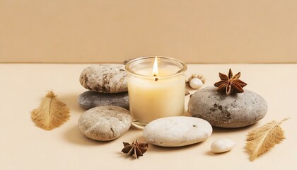 Fototapeta na wymiar spa still life with candles and towels, Aroma candle on beige background. Warm aesthetic composition with stones. Cozy home comfort, relaxation and wellness concept. Interior decoration mockup