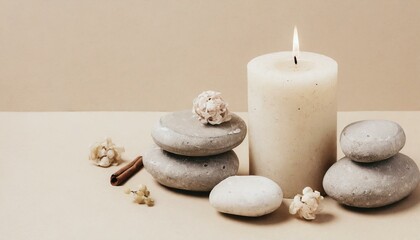 Fototapeta na wymiar spa still life with candles, Aroma candle on beige background. Warm aesthetic composition with stones. Cozy home comfort, relaxation and wellness concept. Interior decoration mockup