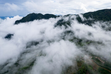 Top view Landscape of Morning Mist with Mountain Layer at north of Thailand. mountain ridge and clouds in rural jungle bush forest - 746232265