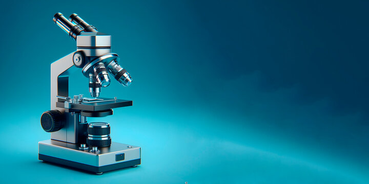 a microscope isolated on a blue background, banner with space for text