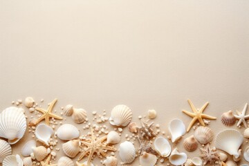 Obraz premium Sea shells on a sand background with a Beach theme