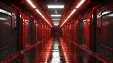 corridor with futuristic abstract red neon light lines.