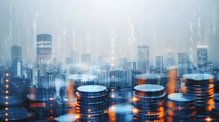 Fototapeta na wymiar Double exposure of city, graph and rows of coins for finance and business concept