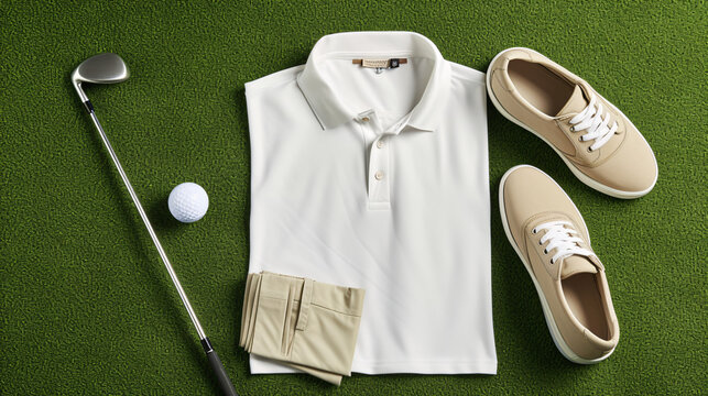 Golf Essentials - High-Quality Golf Club, Ball, Stylish Polo Shirt, Khaki Shorts, and Comfortable Sneakers on a Lush Green Background