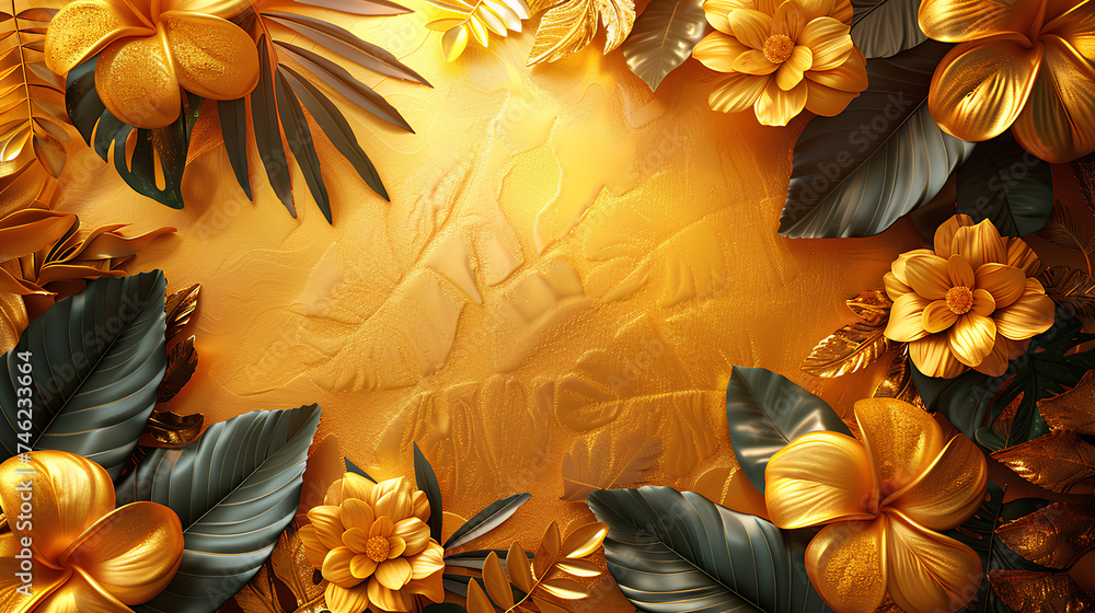 Aufkleber gold leaf with space in the middle and some spring leaves background design