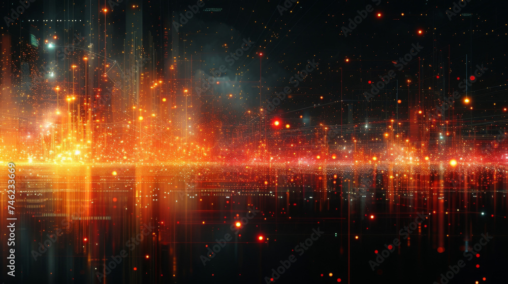 Poster a virtual cityscape is overlaid with a network of data lines connecting various indicators of econom