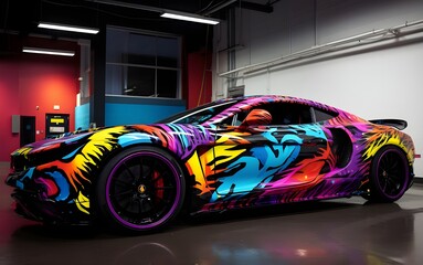 Film stickers with colorful patterns wrap on sports cars.