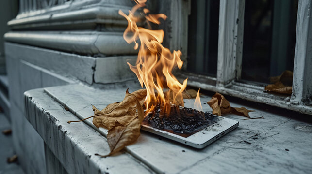 Burning Smartphone Amidst Autumn Leaves on a Stone Ledge: A Vivid Representation of Technology and Nature Collision - A Powerful Image for Technology Hazard and Safety Risk Awareness
