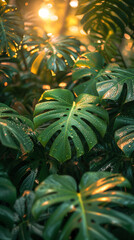 Sunlit Tropical Monstera Leaves - A Lush Greenery Scene Perfect for Backgrounds and Nature Themes