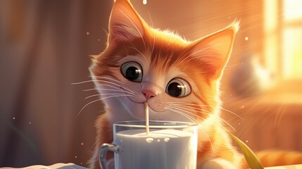 orange and white calico cat drinking milk with a straw, very happy, drinking milk, cartoon image