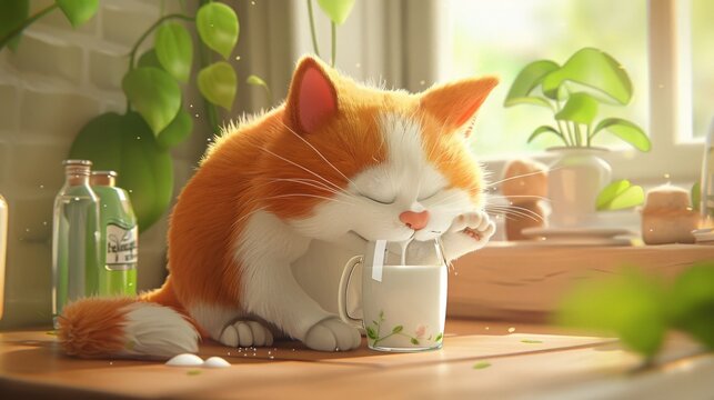 A orange and white calico cat drinking milk in a glass, cartoon 