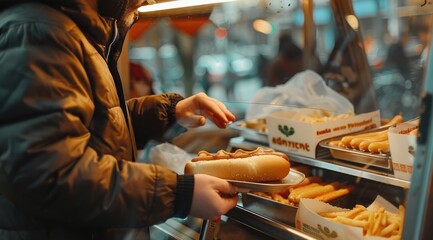 Man buying two hot dog in a kiosk, outdoors. Street food. Close-up view. - obrazy, fototapety, plakaty