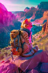 Anthropomorphic extreme adventure cat, with a backpack, Chromatic aberration  