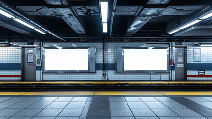 Empty Urban Subway Station Platform with Bright Advertisement Billboards: Modern City Public Transportation Infrastructure - Ideal for Urban Development and Transit System Themes
