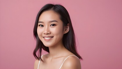  Portrait of a Cheerful Asian young woman, girl. close-up. smiling. clean background. Healthy skin. Studio. pink background