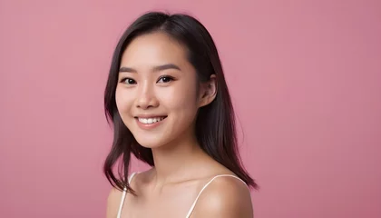 Foto op Plexiglas  Portrait of a Cheerful Asian young woman, girl. close-up. smiling. clean background. Healthy skin. Studio. pink background © Gia