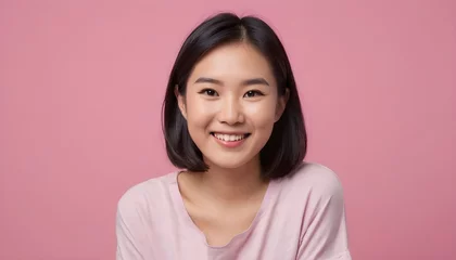 Foto op Canvas  Portrait of a Cheerful Asian young woman, girl. close-up. smiling. clean background. Healthy skin. Studio. pink background © Gia