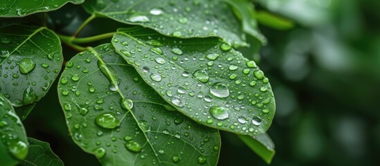 A close-up photo showcasing a Ficus pumila leaf from the Moraceae family, adorned with dew or raindrops.