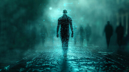 A Digital Matrix Superimposed on the Silhouette of a Person Walking on a Street at Night - obrazy, fototapety, plakaty