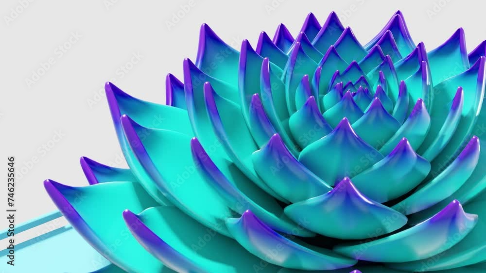 Poster a digital art animation of green and blue lotus flower opening in loop 3d rendering