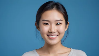 Foto op Canvas ortrait of a Cheerful Asian young woman, girl. close-up. smiling. clean background. Healthy skin. Studio. blue background © Gia