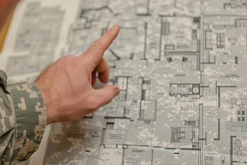 A Soldier Points to a Building Blueprint