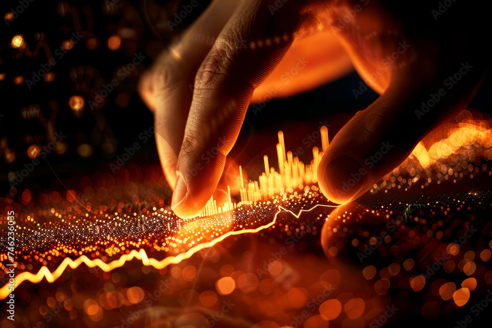 Aufkleber a hand interacts with a dynamic digital interface, symbolizing data analysis, information technology