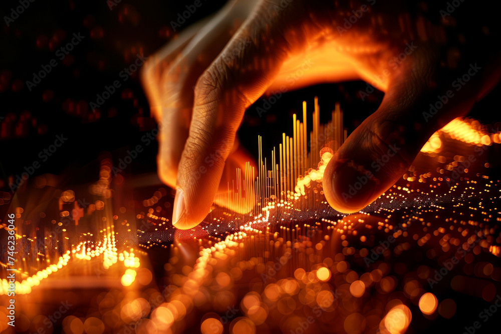 Aufkleber a hand interacts with a dynamic digital interface, symbolizing data analysis, information technology