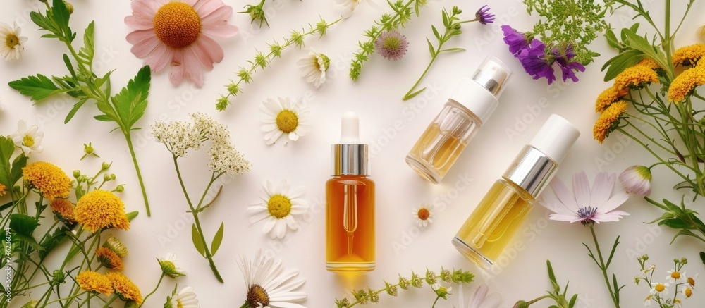 Poster a table adorned with various bottles filled with different types of flowers, creating a vibrant and 
