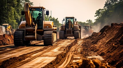 Workers are building a new road built with heavy equipment. - obrazy, fototapety, plakaty