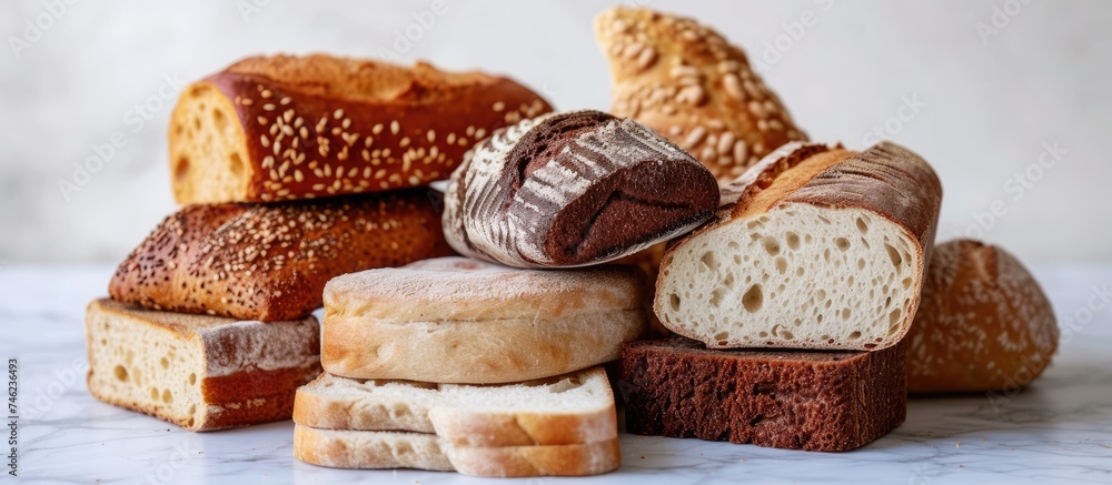 Poster a variety of sliced breads arranged on a marble table with a white backdrop.