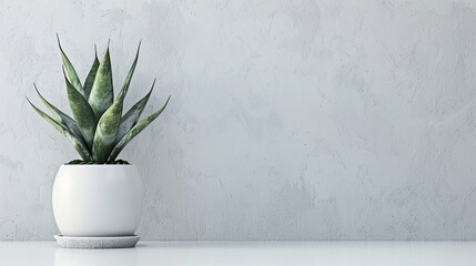 Sansevieria trifasciata plant in white pot on white floor and grey wall background.
