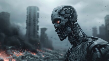 World war destruction concept. Artificial intelligence robot in destroyed city. Fire and devastation. AI Generated