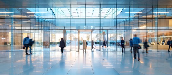 People walking in large modern office building blurred background