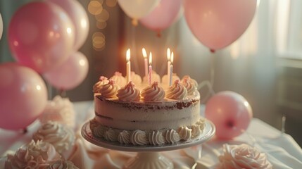 Delicious and beautiful birthday cake with burning candles, Celebrate anniversaries and special days.