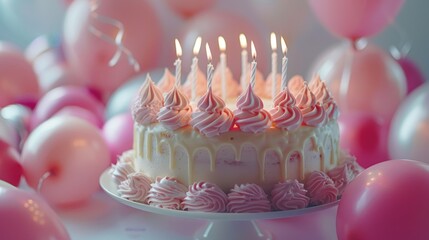 Delicious and beautiful birthday cake with burning candles, Celebrate anniversaries and special days.