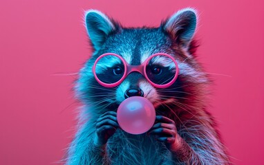 Raccoon blowing bubble gum wearing goggles fashion portrait on solid pastel background. Birthday party. presentation. advertisement. invitation. copy text space. - obrazy, fototapety, plakaty