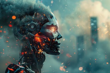 World war destruction concept. Artificial intelligence robot at combat. Fire and devastation. AI Generated