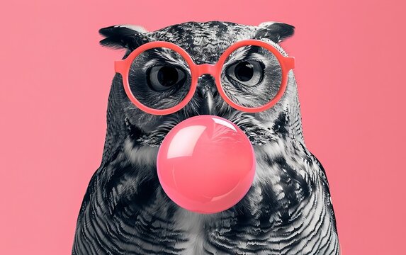 Owl bird blowing bubble gum wearing goggles fashion portrait on solid pastel background. Birthday party. presentation. advertisement. invitation. copy text space.