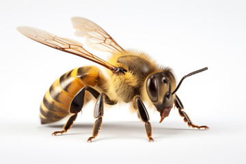 A close-up photo of a bee with yellow and black stripes, isolated on a white background - obrazy, fototapety, plakaty