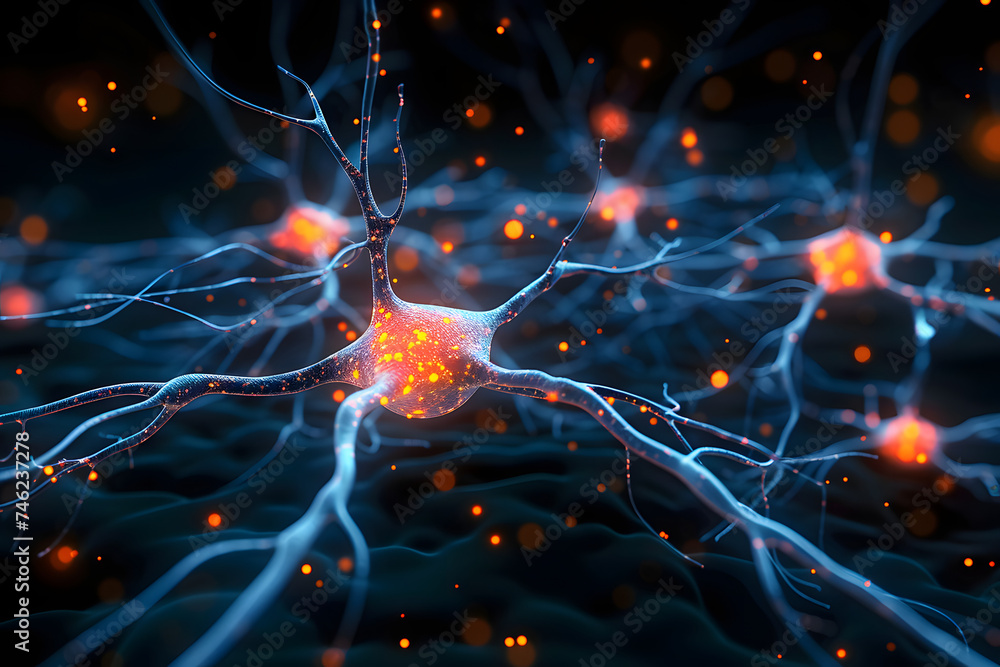 Poster neuron synapse brain - 3d rendered image of neuron cell network on black background