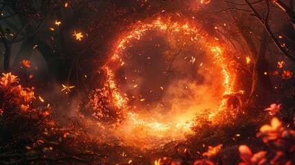 Circle frame from fire and forest background, Great wildfire burning the a large forest.