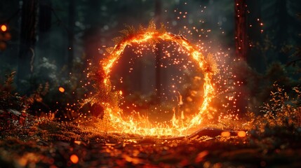 Circle frame from fire and forest background, Great wildfire burning the a large forest. - obrazy, fototapety, plakaty