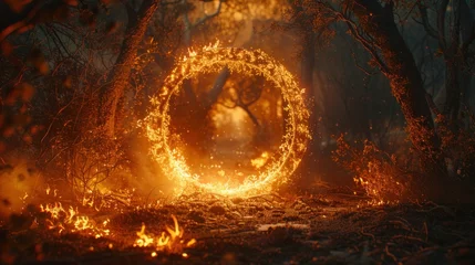 Tuinposter Circle frame from fire and forest background, Great wildfire burning the a large forest. © sawitreelyaon