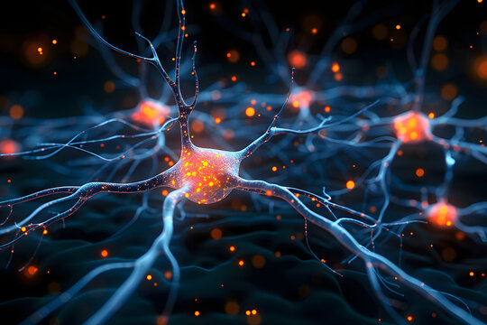 Neuron Synapse Brain - 3D rendered image of neuron cell network on black background