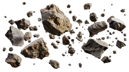 Swarm of asteroids. Many meteorites are flying. Isolated on a transparent background.