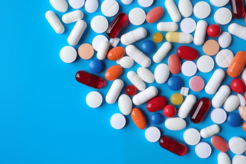 Assorted Pharmaceutical Pills and Capsules on a Vibrant Blue Background. Healthcare and Medicine Concept Pharmaceutical capsules and tablets in various shapes and sizes for oral medication