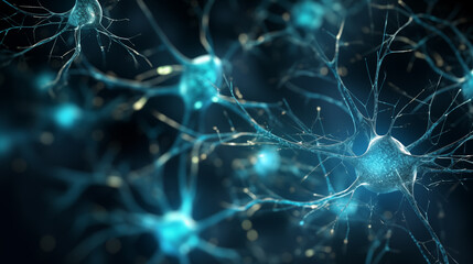 Conceptual illustration of neuron cells with glowing link knots. Blue green Neurons in brain on with focus effect. Synapse and Neuron cells sending electrical chemical signals