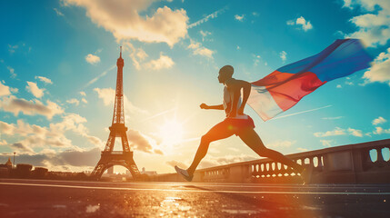 Athlete Triumphantly Runs with French Flag Unfurled Against the Parisian Sunset Skyline. - obrazy, fototapety, plakaty