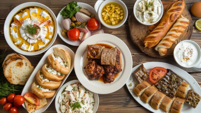Selection of traditional greek food on wooden background